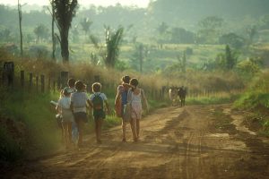 I used a 35mm slide film !Children on the way to school in the morning in a remote place of the brazilian amazon.